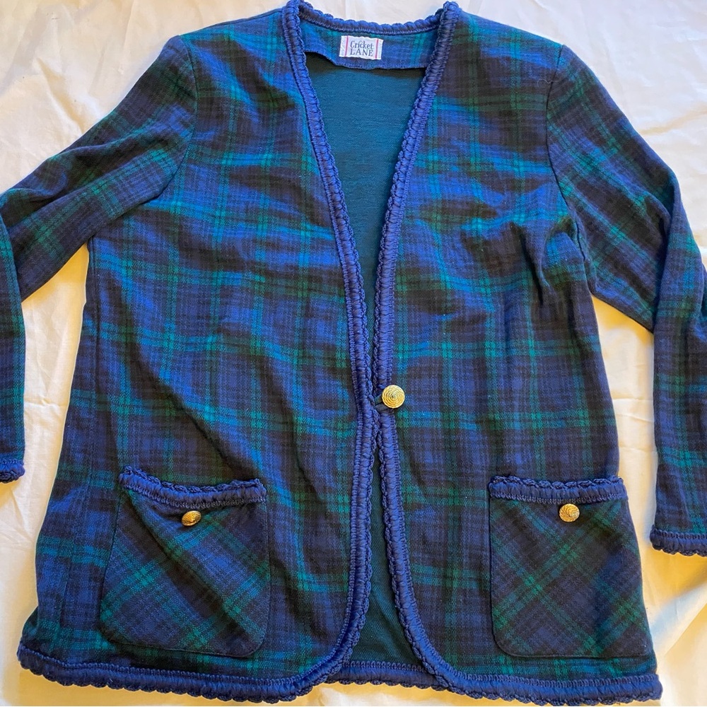 Vintage 90’s Plaid Cardigan blazer with Gold Buttons & shoulder pads plaid